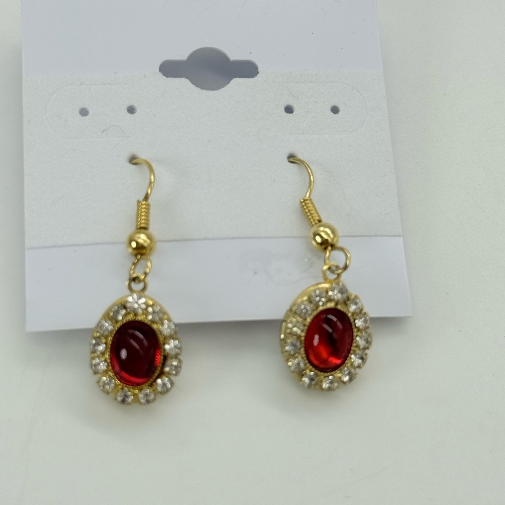 Vintage Style Photo Locket Earrings Red Stone Gold Tone Valentine Bridal Gift